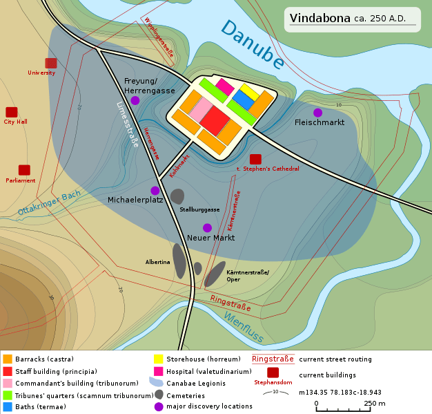 In this picture it is shown the map of the Vindobona camp. The camp is surrounded by wood walls to protect the soldiers of Rome. Around outside the walls lies housing for ordinary peoples of Vindobona. The camp consisted of Barracks, staff buildings, commandants buildings, tribunes quarters, baths, storehouses and a hospital. The camp lays on flat land next to the Danube river and the Wefluss river.