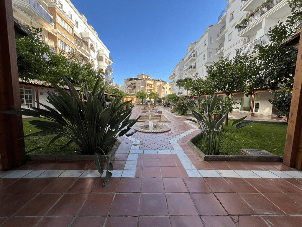 Kotikoulu rakennuksen piha-alue missä näkyy ruohoa, puita ja pieni tyhjä allas.