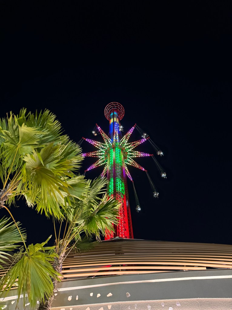 Kuvassa näkyy palmuja ja huvipuistolaite jossa on paljon eri värisiä valoja. 
